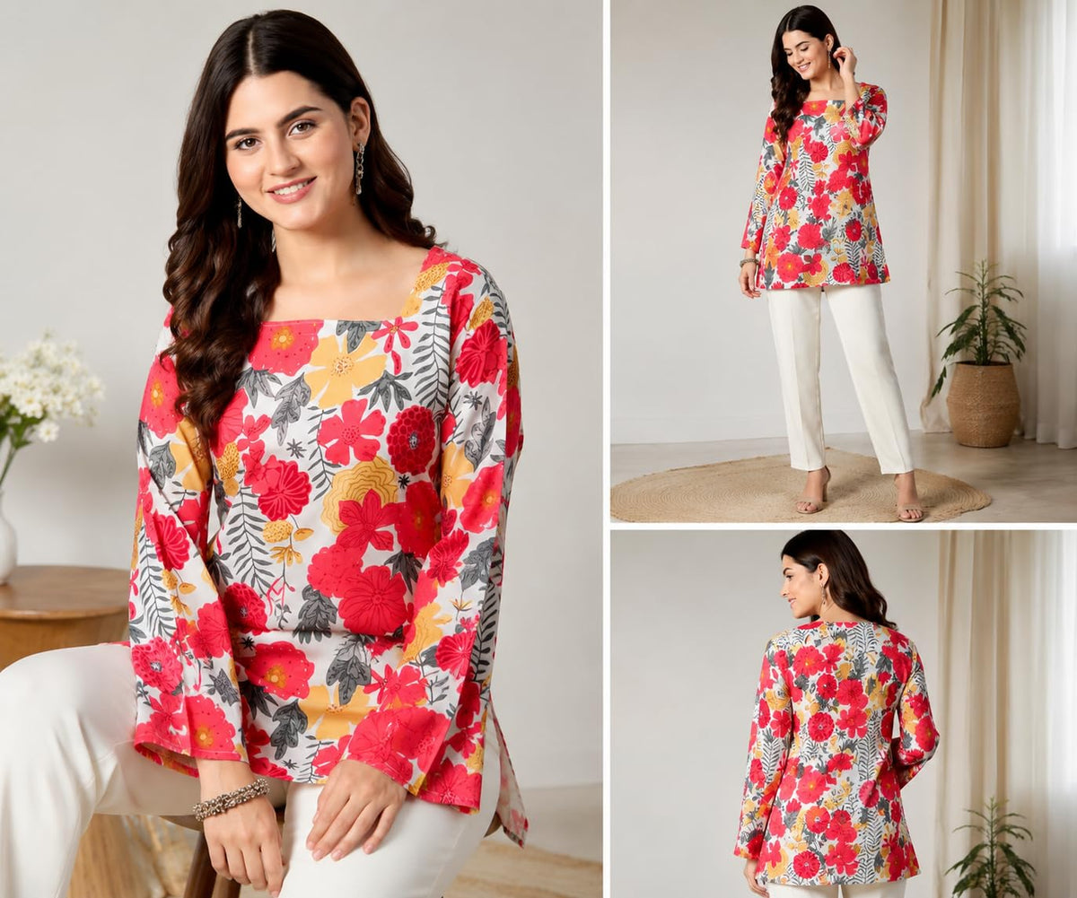 SONISHA Women's Rayon Floral Print Short Kurti for Women Elegance Square Neck, Long Sleeves with Style Criss Cross Back Kurti, Top for Office Wear, Casual, Outdoor