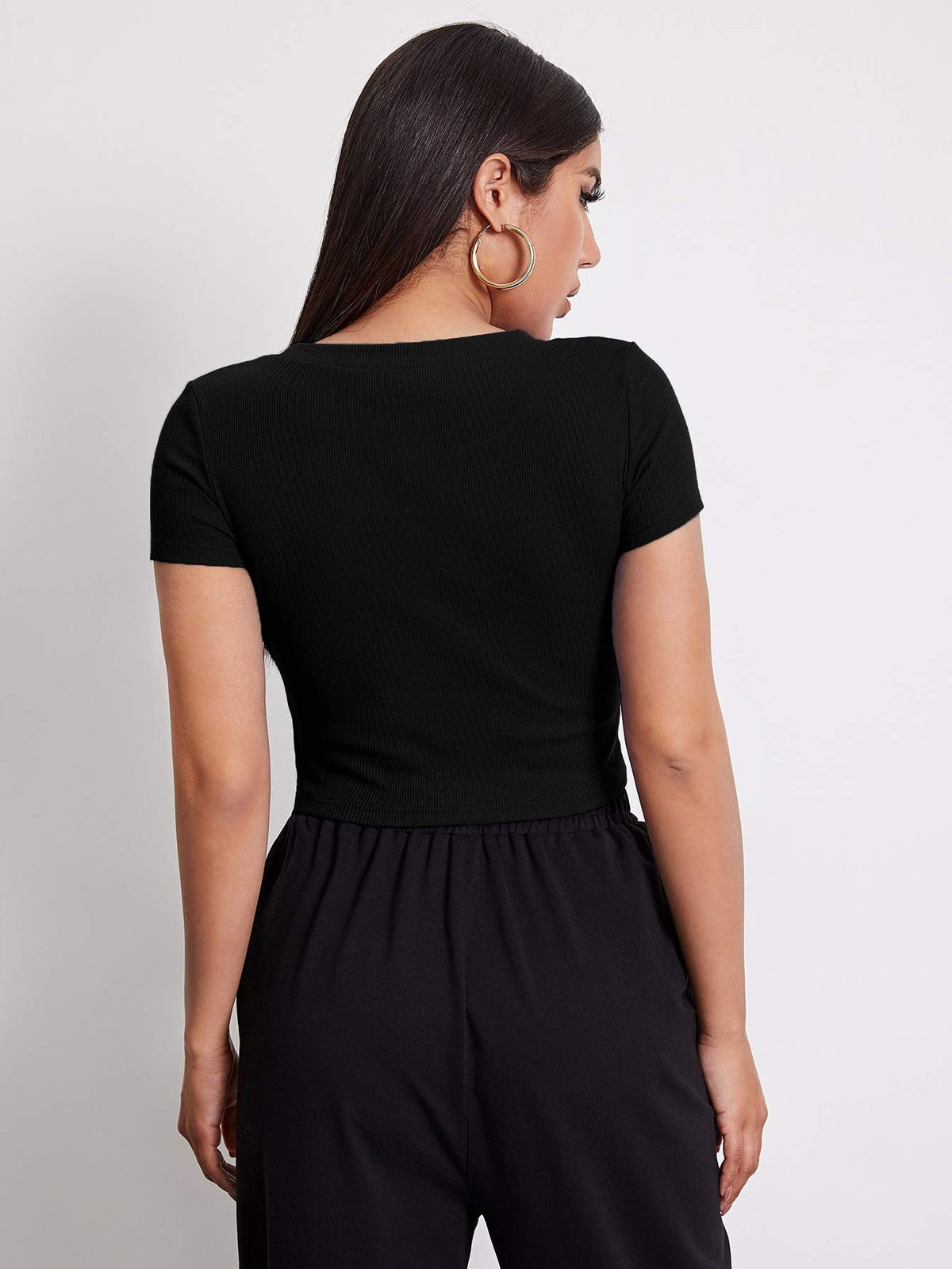 Aahwan Black Solid Ribbed Slim Fit Baby Tee Crop Top for Women's & Girls' (116_Black-L)