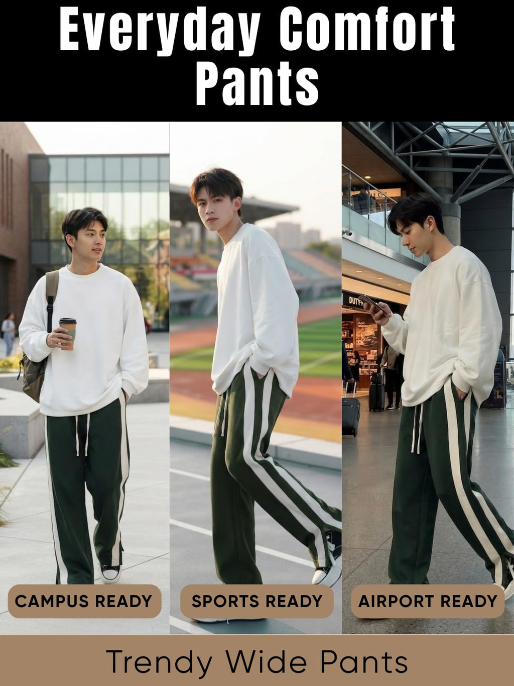 GRECIILOOKS Men Casual Trouser | Men’s Wide Leg Track Pants with Contrast Side Panel | Relaxed Drawstring Fit Streetwear Trousers | Loose Fit Joggers for Man