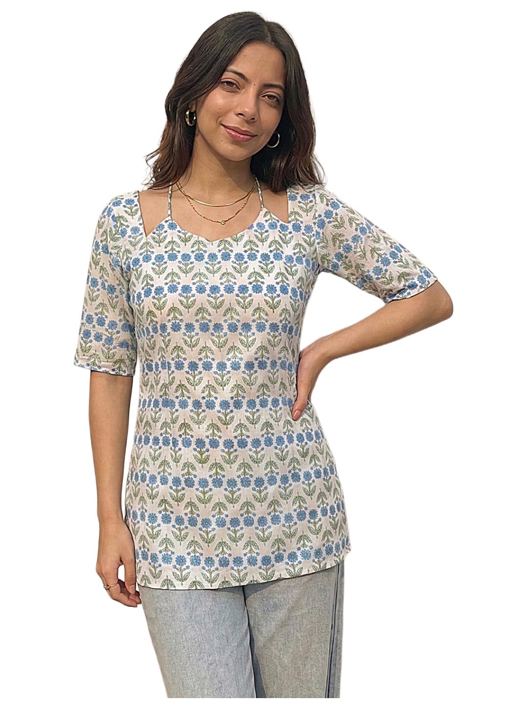 ANNI Designer Women’s Viscose Printed Short Kurti | Straight Fit Ethnic Top with Square Neck | Bell Sleeve Casual Indian Kurta for Office College, Party