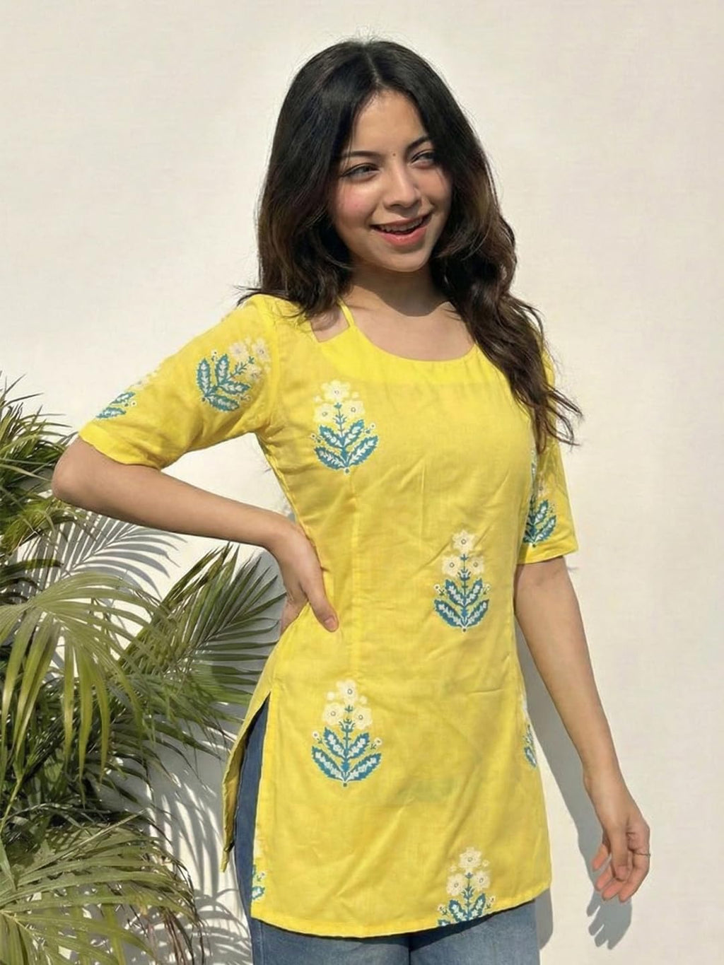 ANNI Designer Women’s Viscose Printed Short Kurti | Straight Fit Ethnic Top with Square Neck | Bell Sleeve Casual Indian Kurta for Office College, Party
