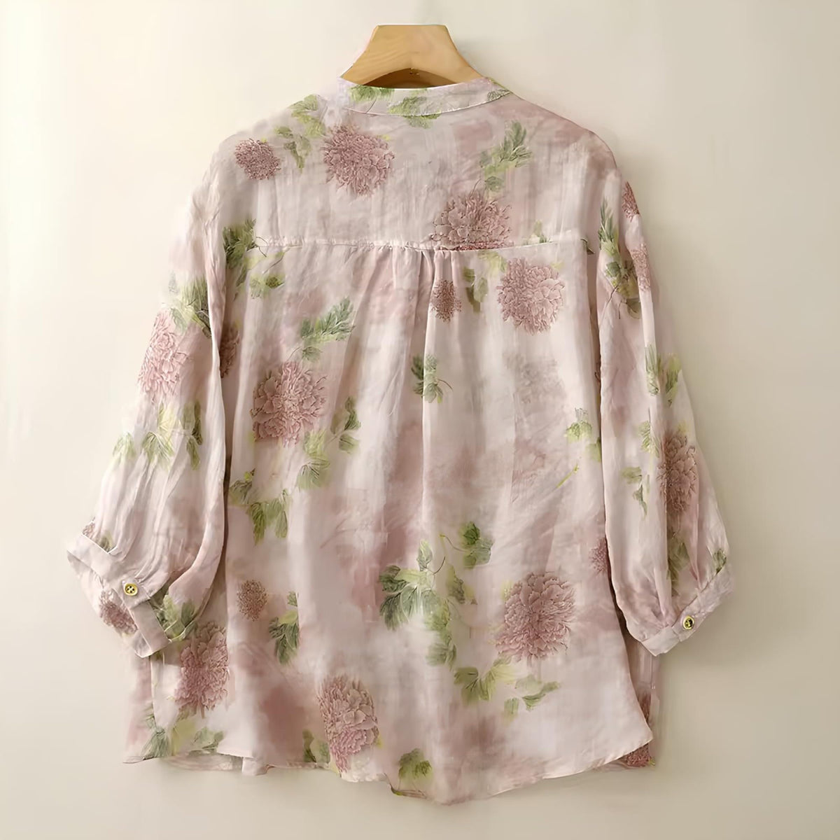 Gufrina Women’s Light Rose Floral Printed Button Down Shirt with Mandarin Collar and Relaxed Fit 3/4 Sleeves