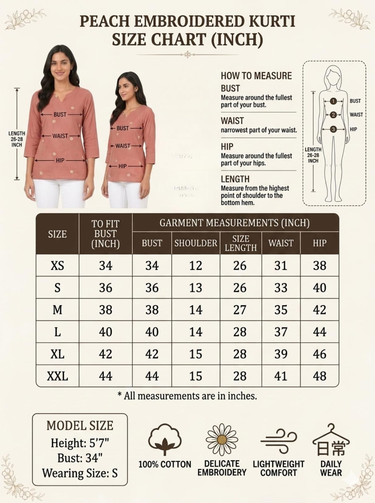 Women Peach Embroidered Cotton Short Kurti | Casual Office & College Kurti Top for Girls