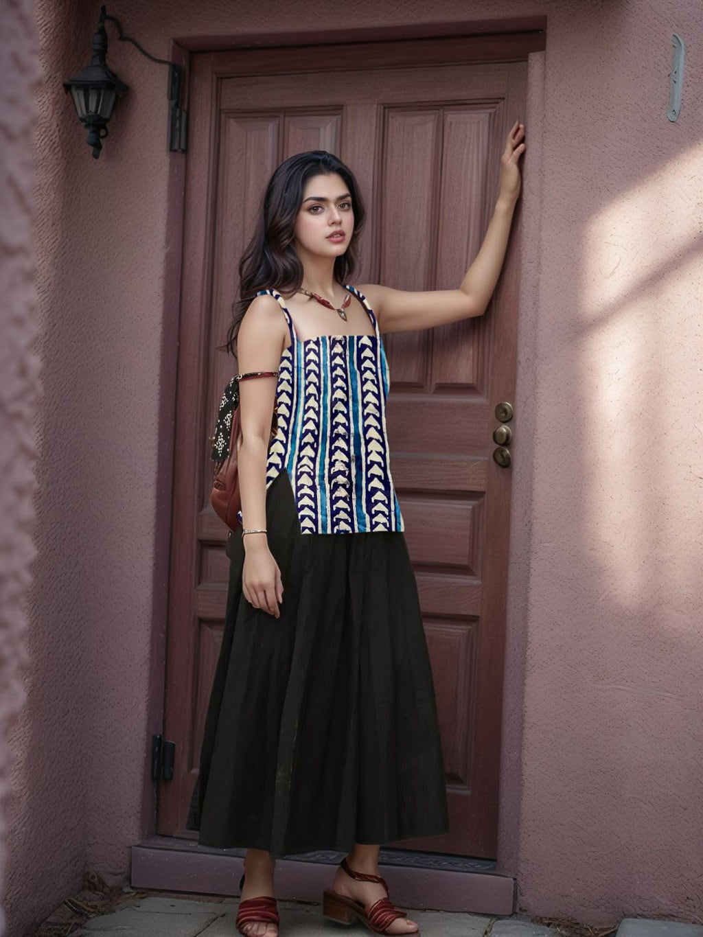 Aahwan Black Printed Square Neck Sleeveless Backless Short Indo-Western Ethnic Kurti Top for Women's & Girl's