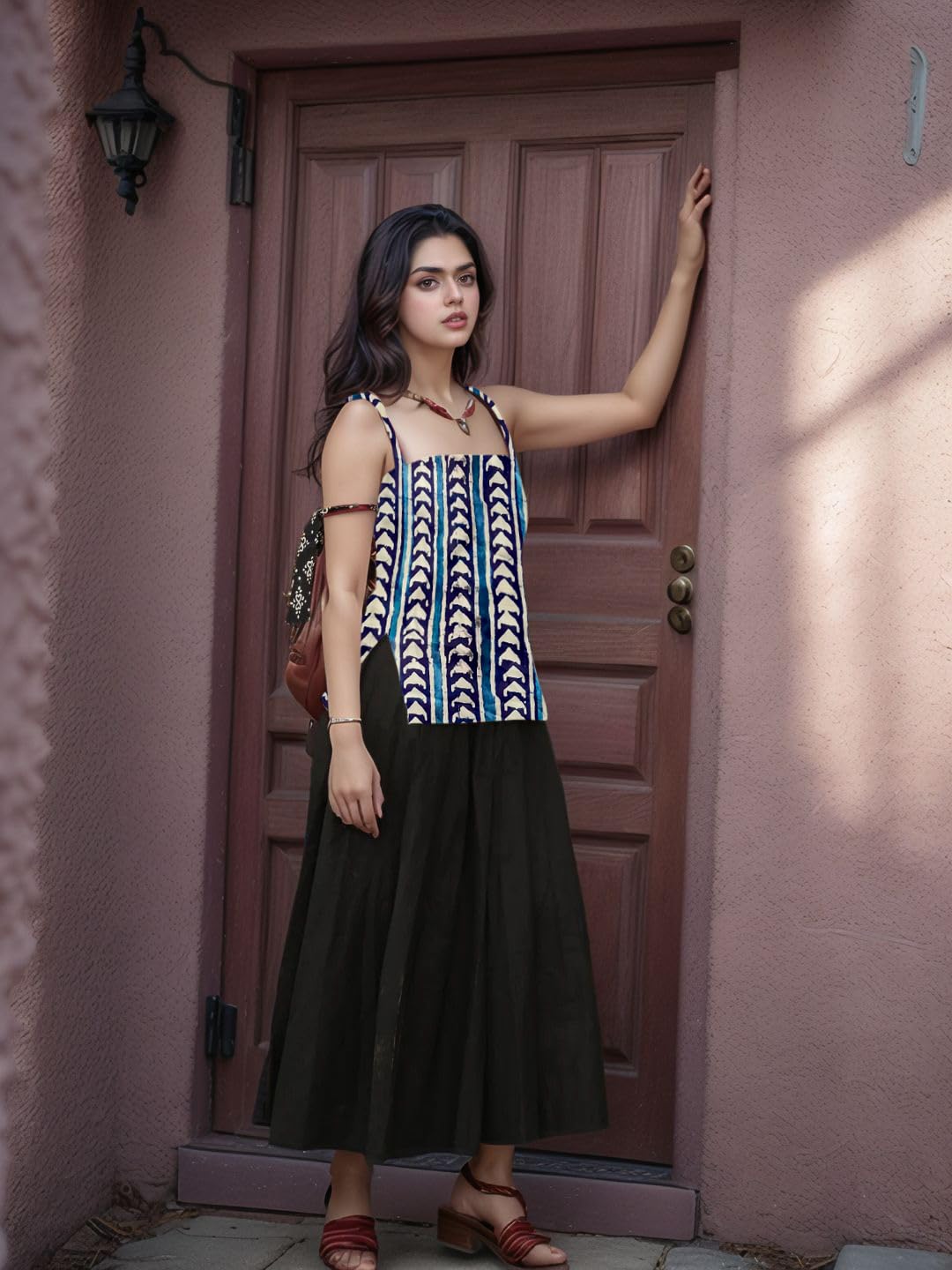 Aahwan Black Printed Square Neck Sleeveless Backless Short Indo-Western Ethnic Kurti Top for Women's & Girl's