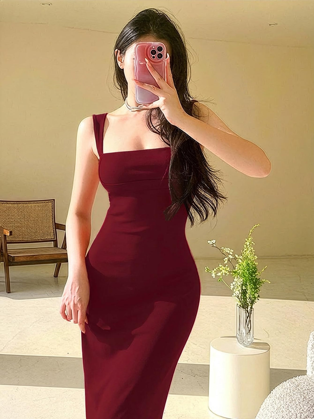 Aahwan Solid Bodycon Square Neck Long Party Dress for Women's & Girl's