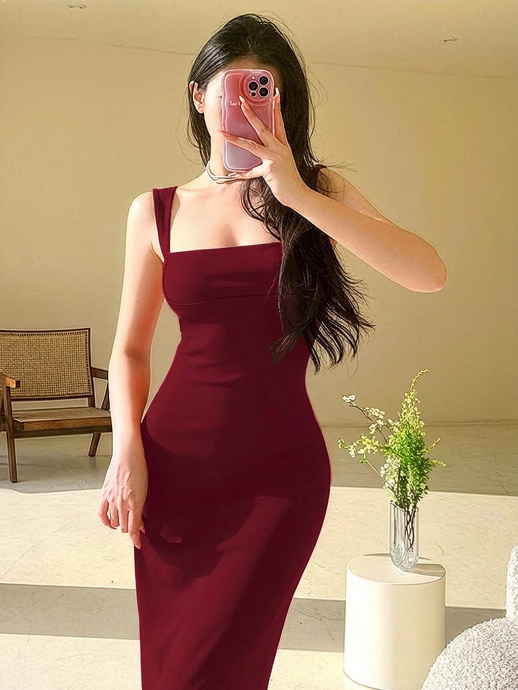 Aahwan Solid Bodycon Square Neck Long Party Dress for Women's & Girl's