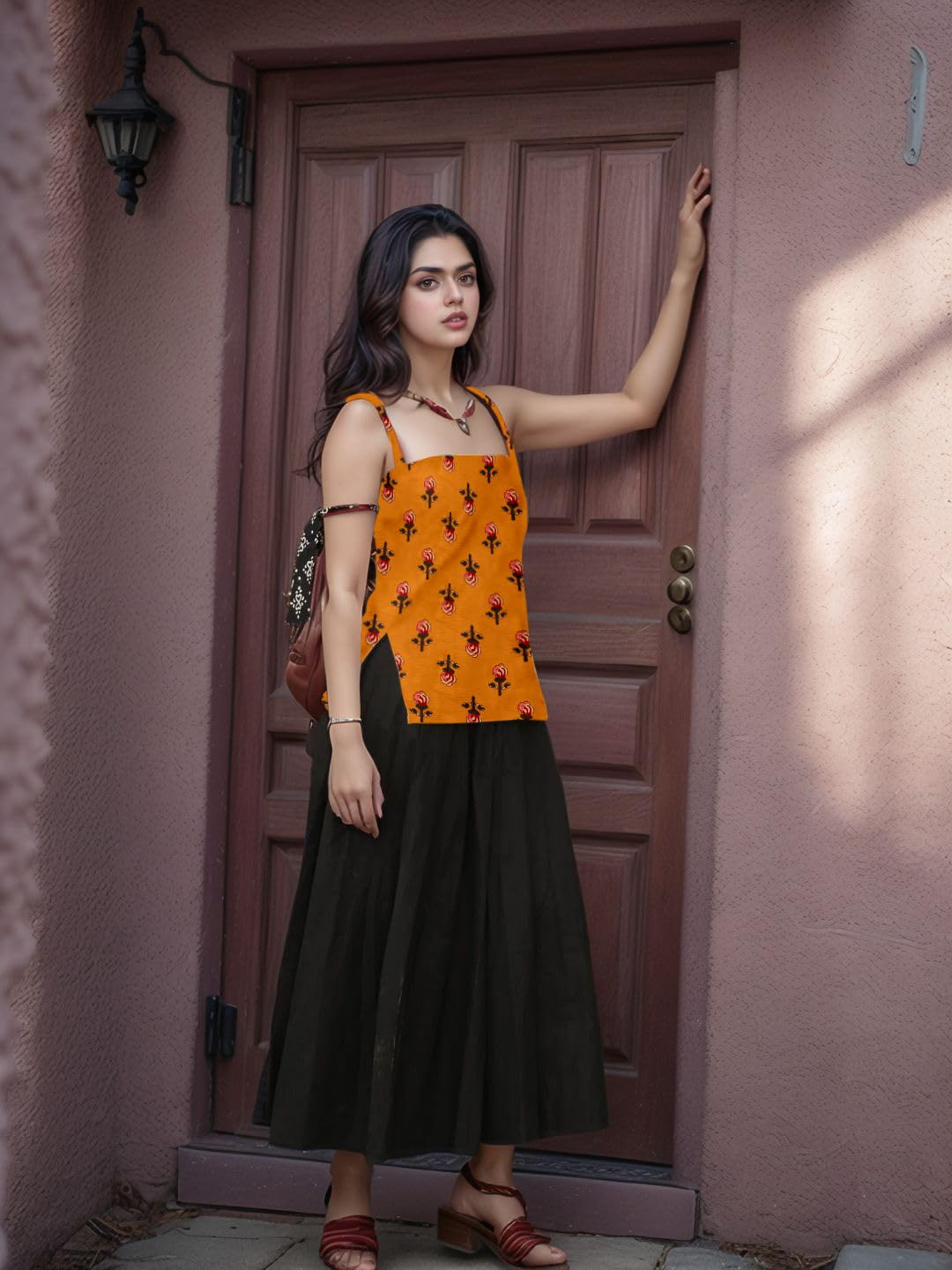 Aahwan Black Printed Square Neck Sleeveless Backless Short Indo-Western Ethnic Kurti Top for Women's & Girl's