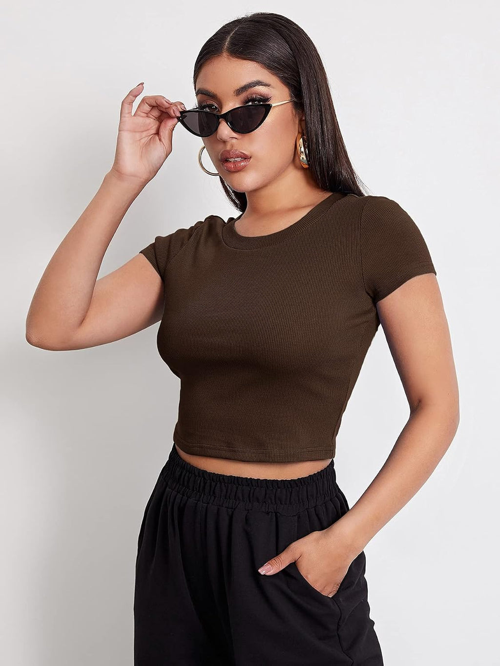 Aahwan Black Solid Ribbed Slim Fit Baby Tee Crop Top for Women's & Girls' (116_Black-L)