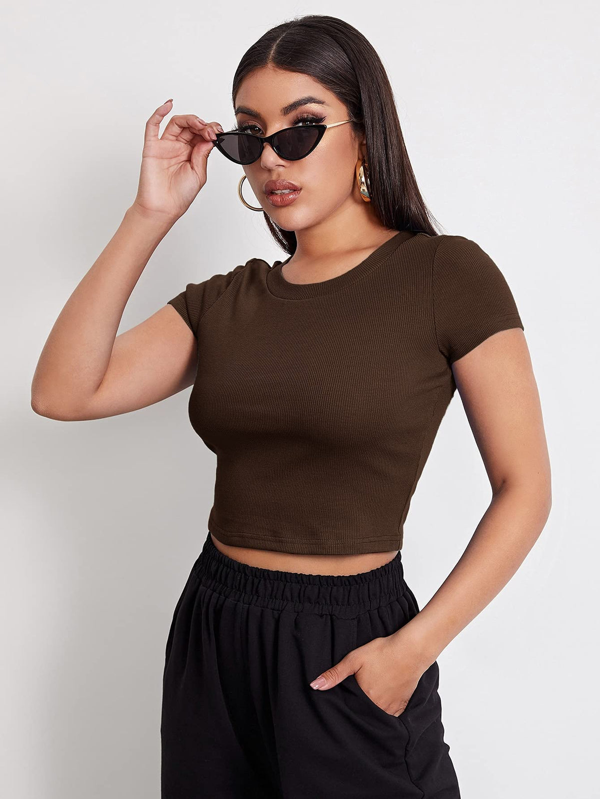 Aahwan Black Solid Ribbed Slim Fit Baby Tee Crop Top for Women's & Girls' (116_Black-L)