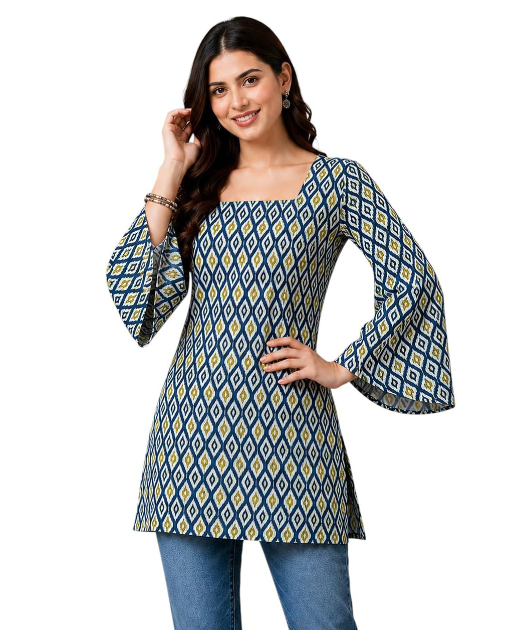 SONISHA Women's Rayon Floral Print Short Kurti for Women Elegance Square Neck, Long Sleeves with Style Criss Cross Back Kurti, Top for Office Wear, Casual, Outdoor