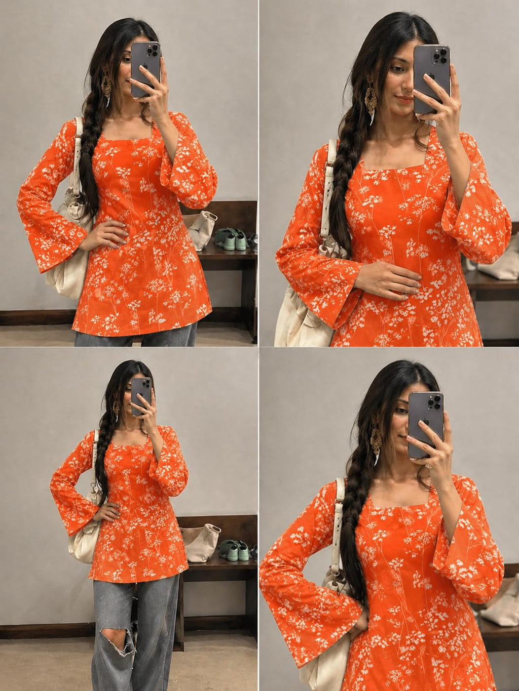 SONISHA Women's Rayon Floral Print Short Kurti for Women Elegance Square Neck, Long Sleeves with Style Criss Cross Back Kurti, Top for Office Wear, Casual, Outdoor