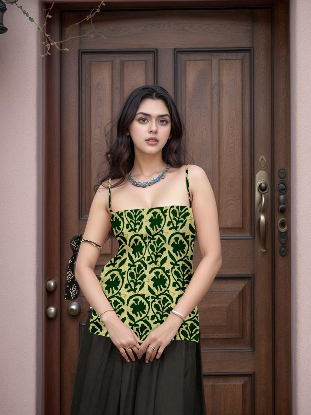 Aahwan Black Printed Square Neck Sleeveless Backless Short Indo-Western Ethnic Kurti Top for Women's & Girl's