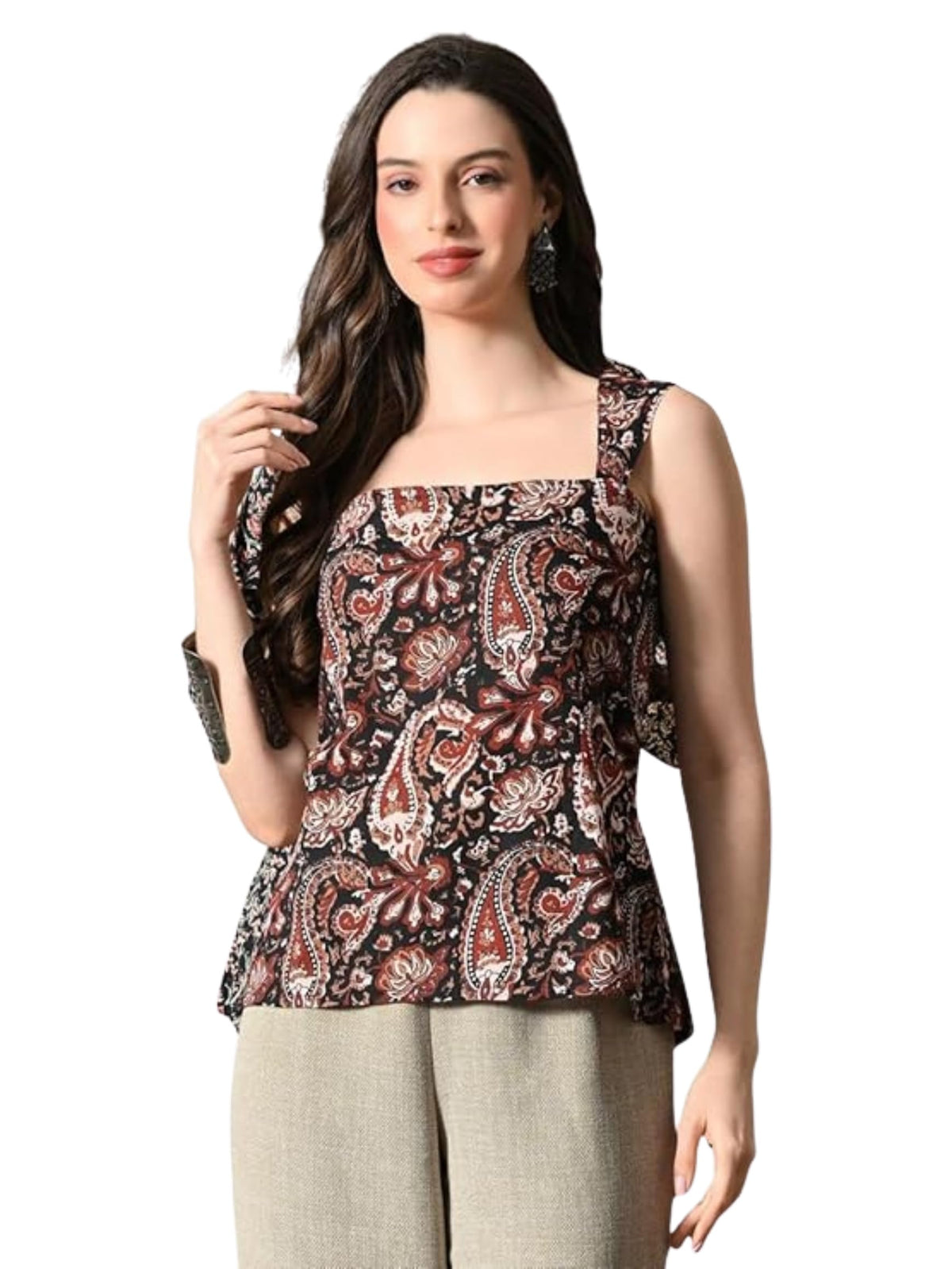Amazon Brand - Tavasya Women Floral Printed Short Kurti | Stylish Square Neck & Back Back Design with String Ties | Sleeveless Modern Top