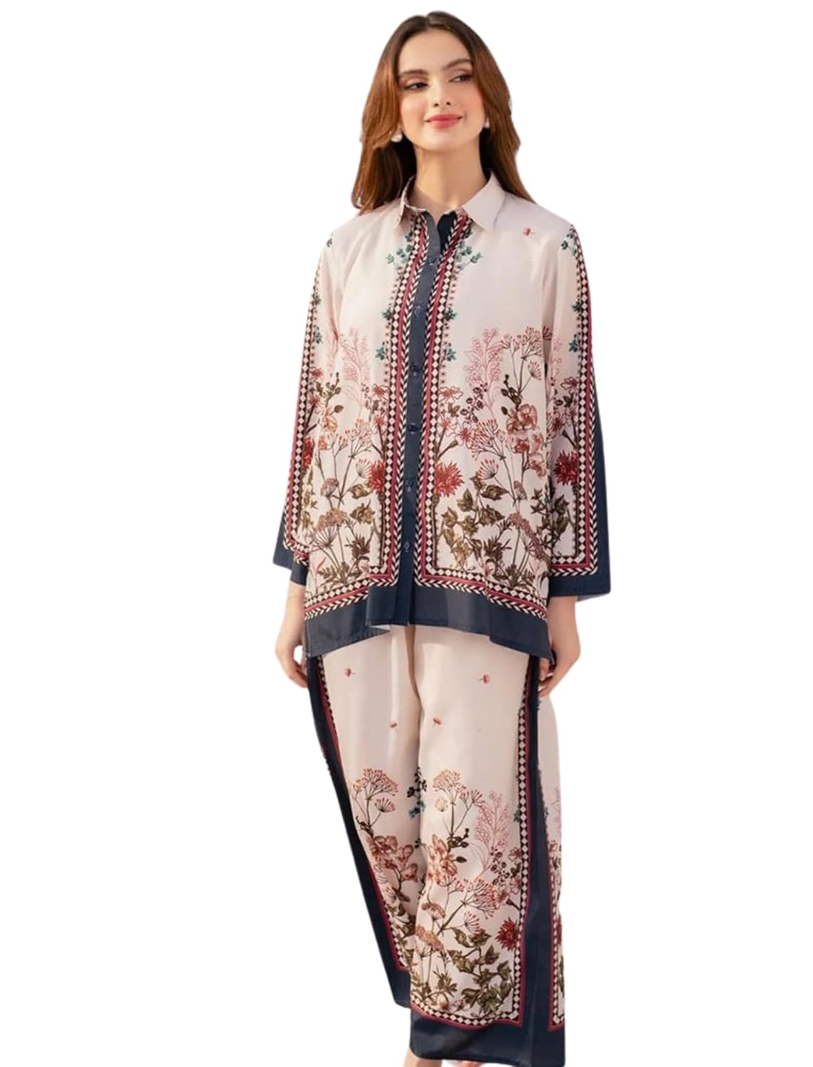 Modestouze Attires Cord Set for Women Cotton Stylish Poly Rayon Long Sleeves Turkish Co Ord Mandarin Neck Floral Print Western Co Order Set for Women, Wear as Office Coat, Travel Coord, Cot