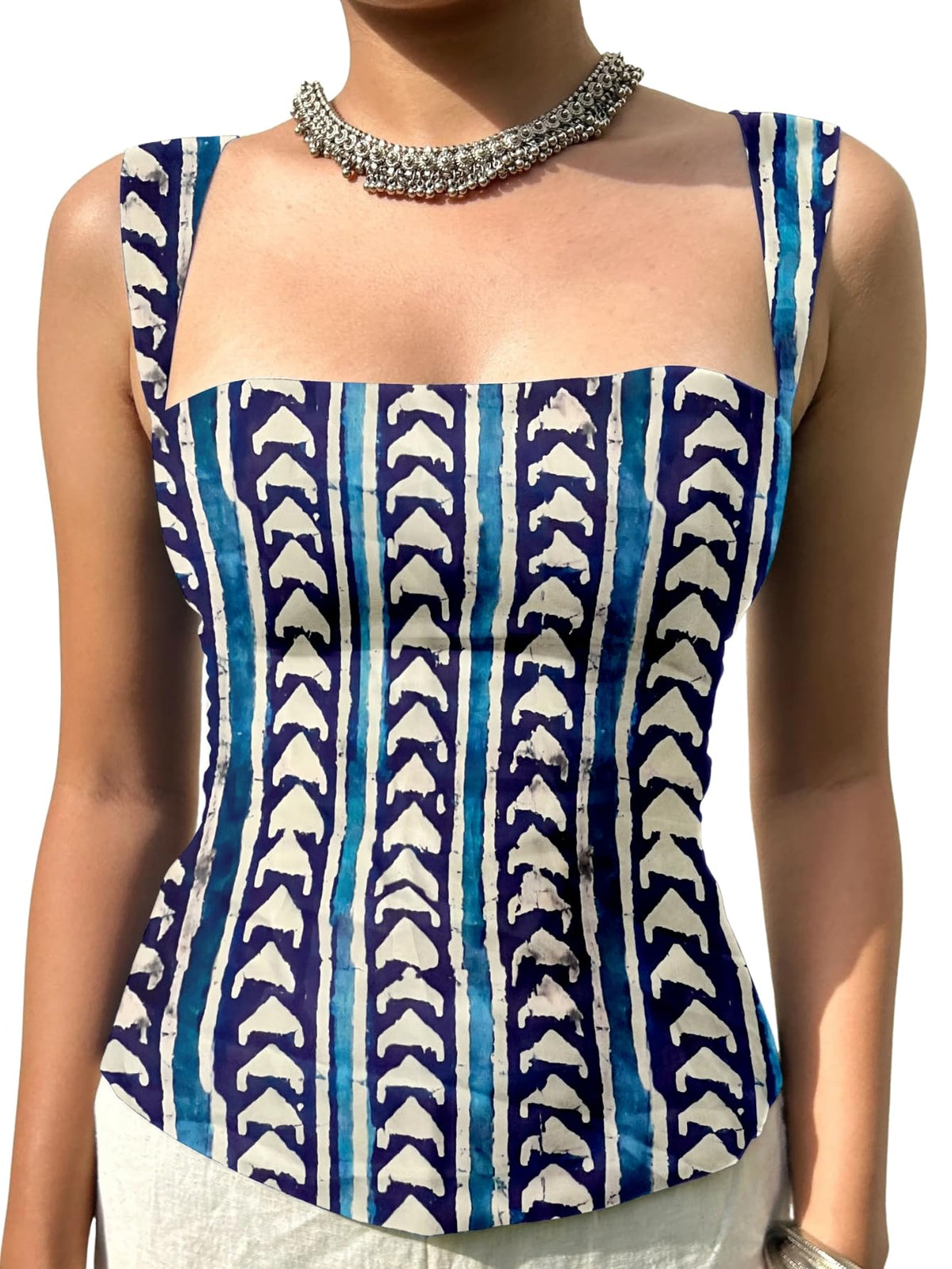 Aahwan Green Printed Square Neck Sleeveless Backless Short Indo-Western Ethnic Kurti Top for Women's & Girl's Ethnic Top for Women's & Girl's