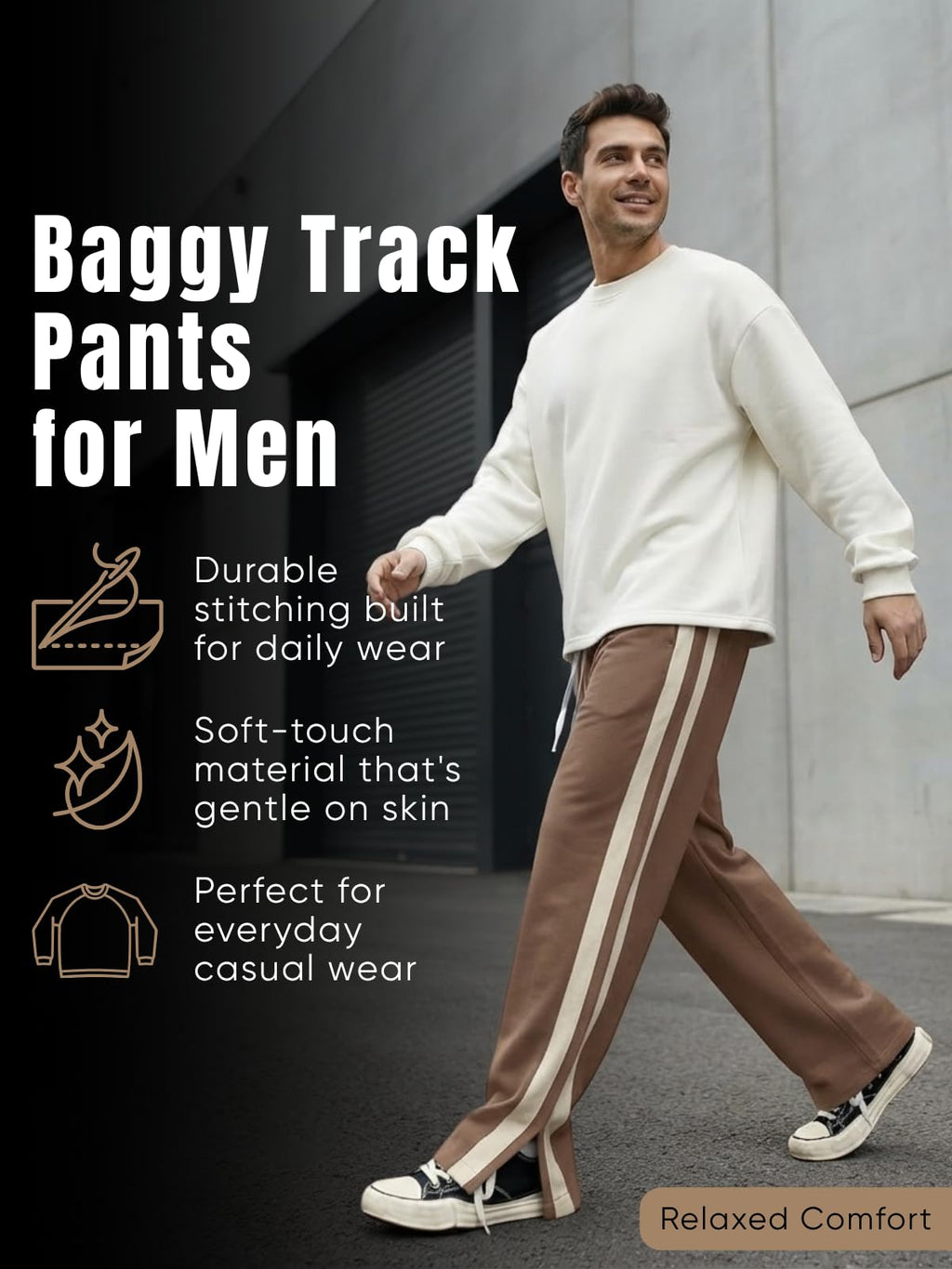 GRECIILOOKS Men Casual Trouser | Men’s Wide Leg Track Pants with Contrast Side Panel | Relaxed Drawstring Fit Streetwear Trousers | Loose Fit Joggers for Man