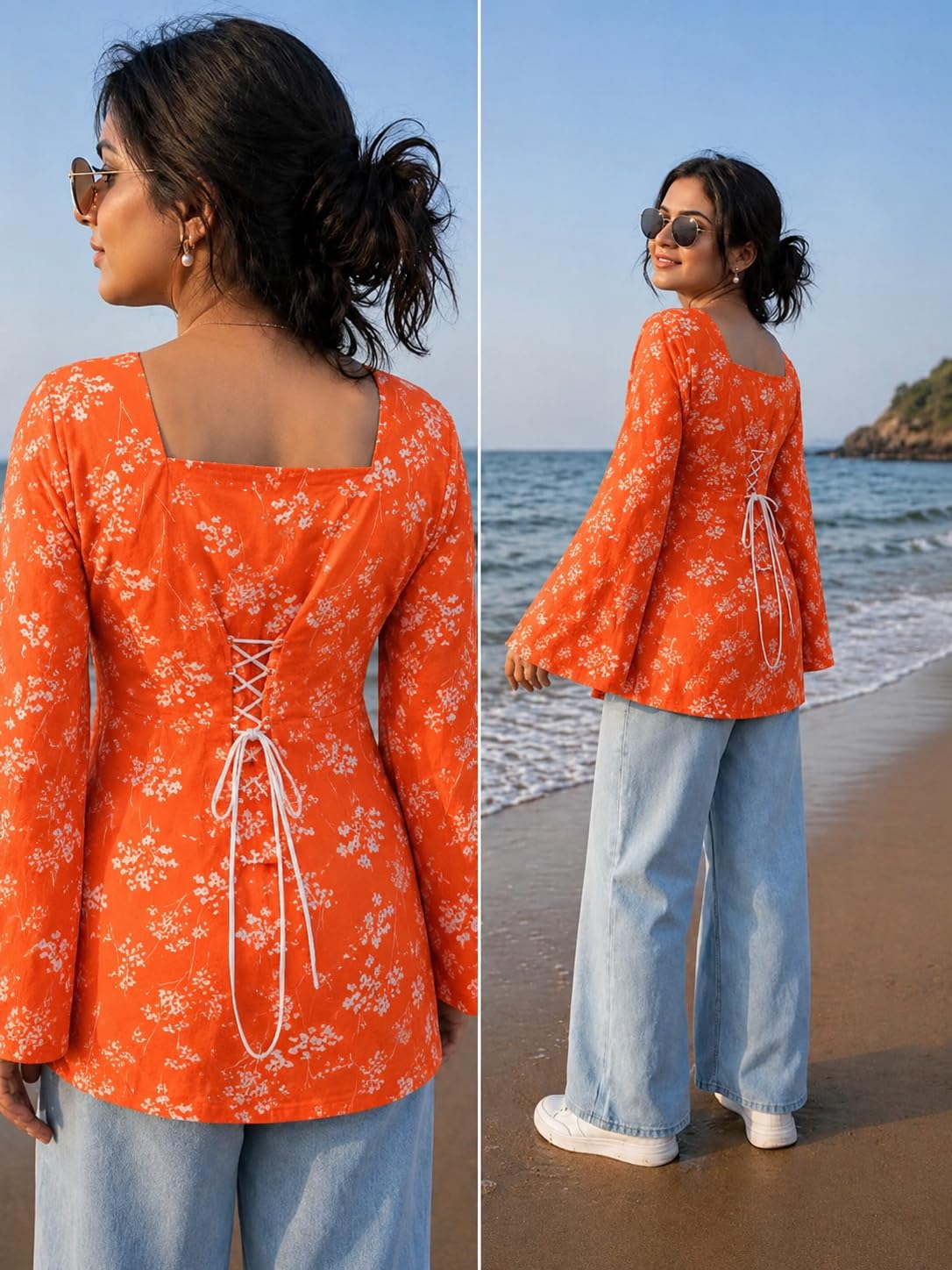 SONISHA Women's Rayon Floral Print Short Kurti for Women Elegance Square Neck, Long Sleeves with Style Criss Cross Back Kurti, Top for Office Wear, Casual, Outdoor