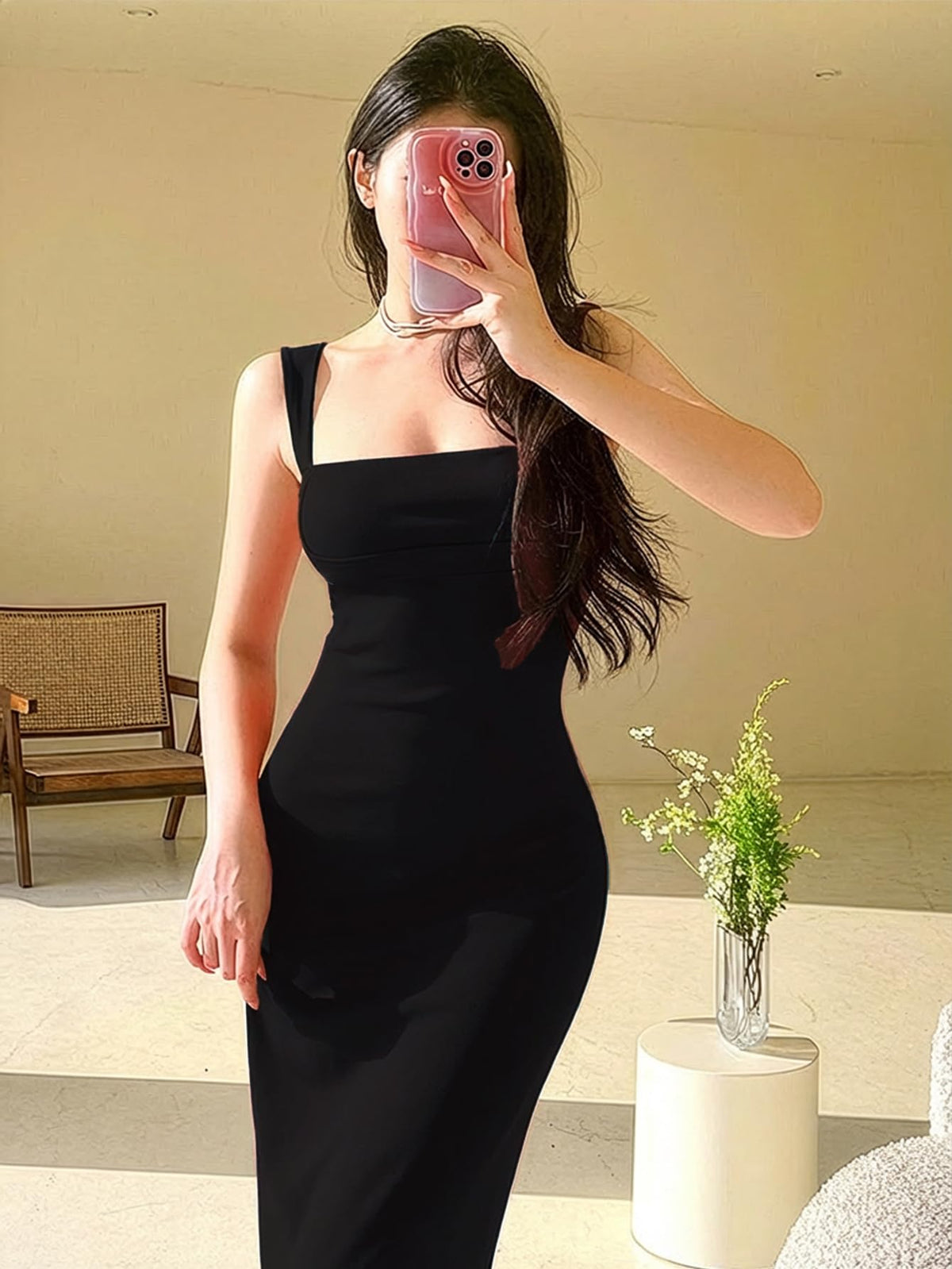 Aahwan Solid Bodycon Square Neck Long Party Dress for Women's & Girl's