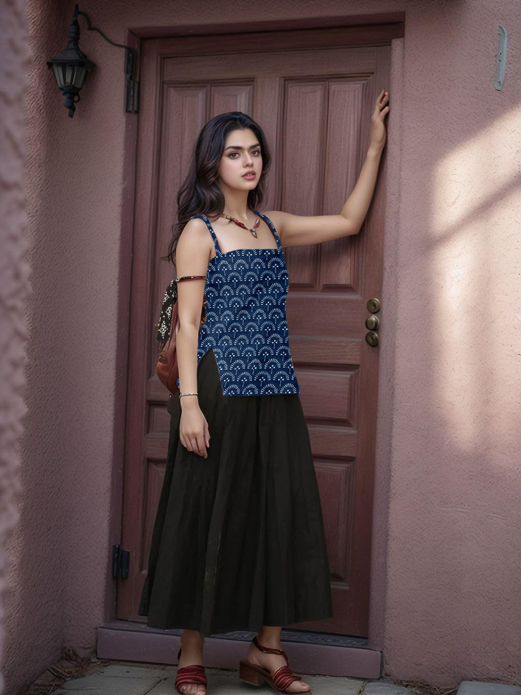 Aahwan Black Printed Square Neck Sleeveless Backless Short Indo-Western Ethnic Kurti Top for Women's & Girl's