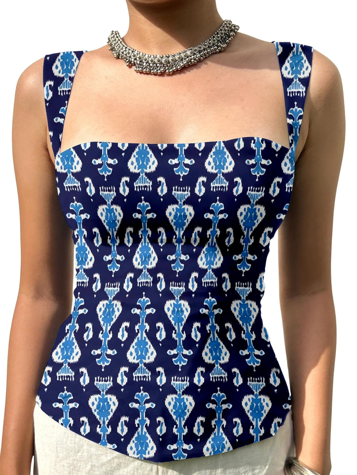 Aahwan Green Printed Square Neck Sleeveless Backless Short Indo-Western Ethnic Kurti Top for Women's & Girl's Ethnic Top for Women's & Girl's