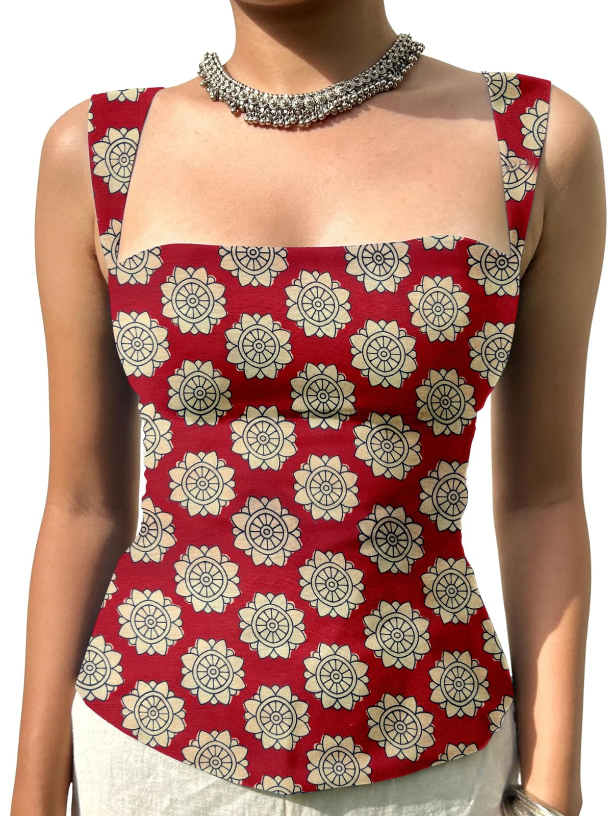Aahwan Green Printed Square Neck Sleeveless Backless Short Indo-Western Ethnic Kurti Top for Women's & Girl's Ethnic Top for Women's & Girl's