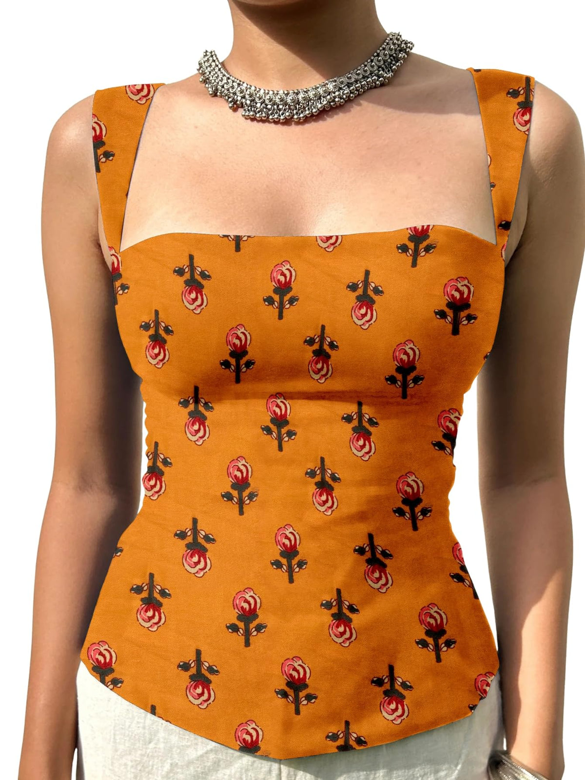 Aahwan Green Printed Square Neck Sleeveless Backless Short Indo-Western Ethnic Kurti Top for Women's & Girl's Ethnic Top for Women's & Girl's