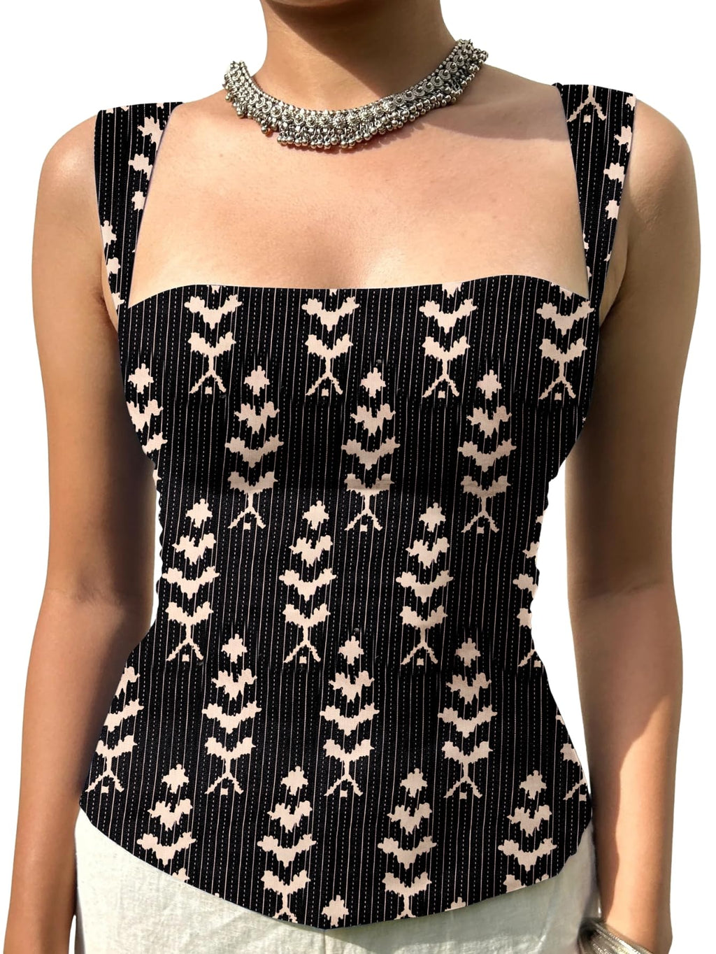 Aahwan Green Printed Square Neck Sleeveless Backless Short Indo-Western Ethnic Kurti Top for Women's & Girl's Ethnic Top for Women's & Girl's