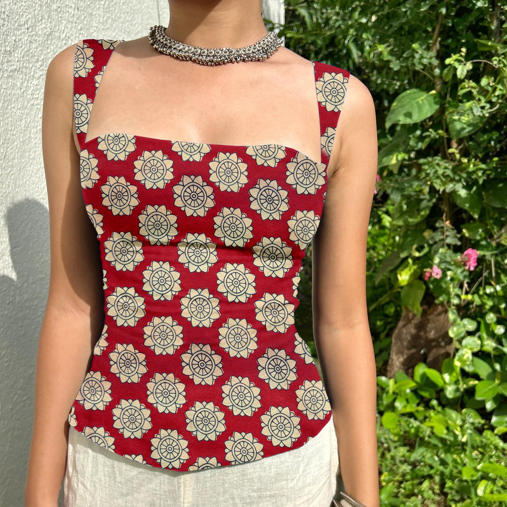Aahwan Green Printed Square Neck Sleeveless Backless Short Indo-Western Ethnic Kurti Top for Women's & Girl's Ethnic Top for Women's & Girl's