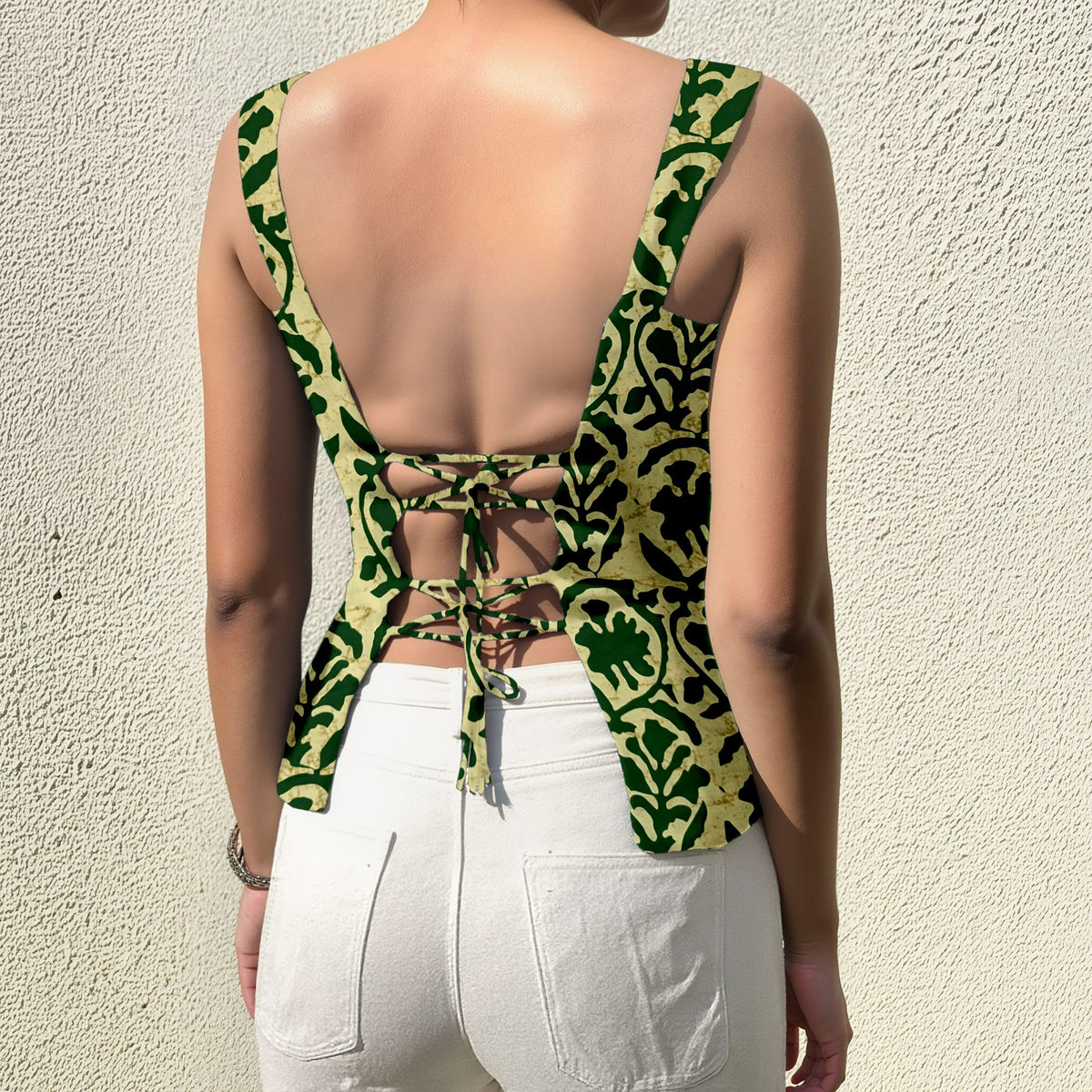 Aahwan Green Printed Square Neck Sleeveless Backless Short Indo-Western Ethnic Kurti Top for Women's & Girl's Ethnic Top for Women's & Girl's
