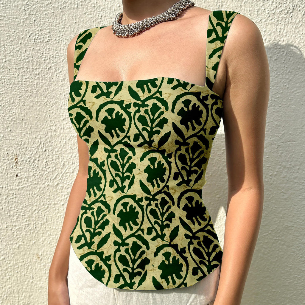 Aahwan Green Printed Square Neck Sleeveless Backless Short Indo-Western Ethnic Kurti Top for Women's & Girl's Ethnic Top for Women's & Girl's