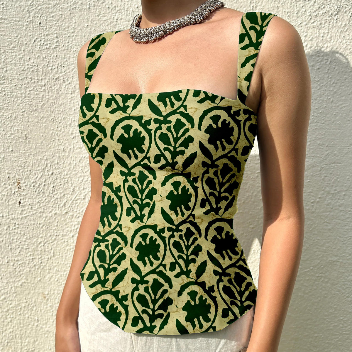 Aahwan Green Printed Square Neck Sleeveless Backless Short Indo-Western Ethnic Kurti Top for Women's & Girl's Ethnic Top for Women's & Girl's