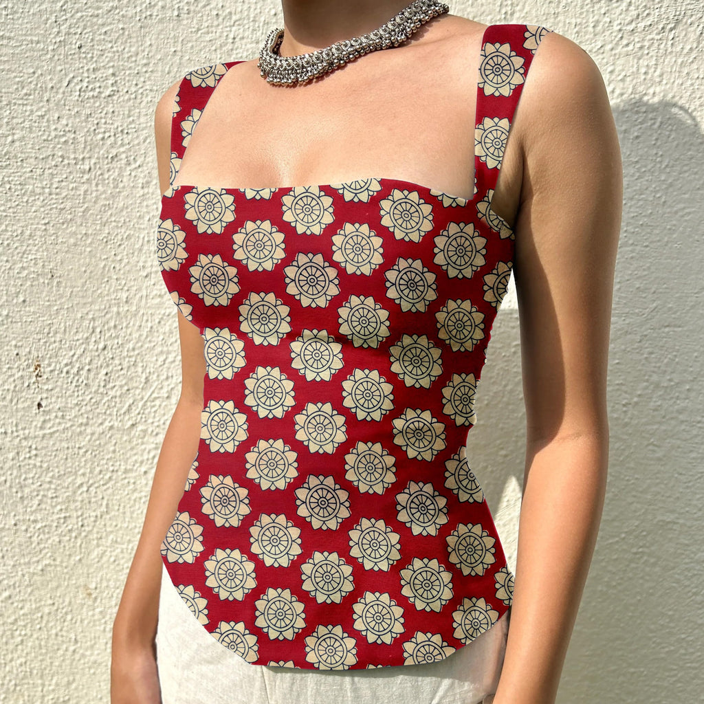 Aahwan Green Printed Square Neck Sleeveless Backless Short Indo-Western Ethnic Kurti Top for Women's & Girl's Ethnic Top for Women's & Girl's
