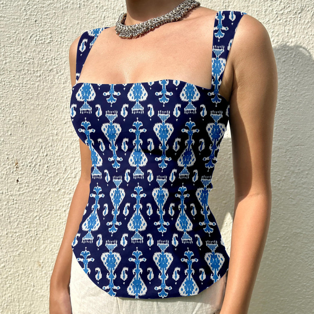 Aahwan Green Printed Square Neck Sleeveless Backless Short Indo-Western Ethnic Kurti Top for Women's & Girl's Ethnic Top for Women's & Girl's
