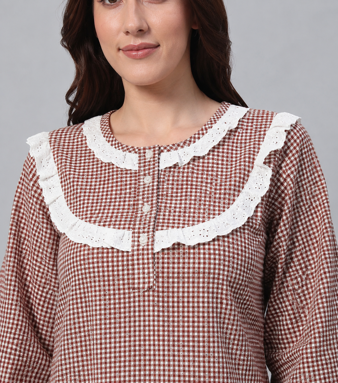 Nomad - Brown Checked Pure Cotton Maxi Nightdress