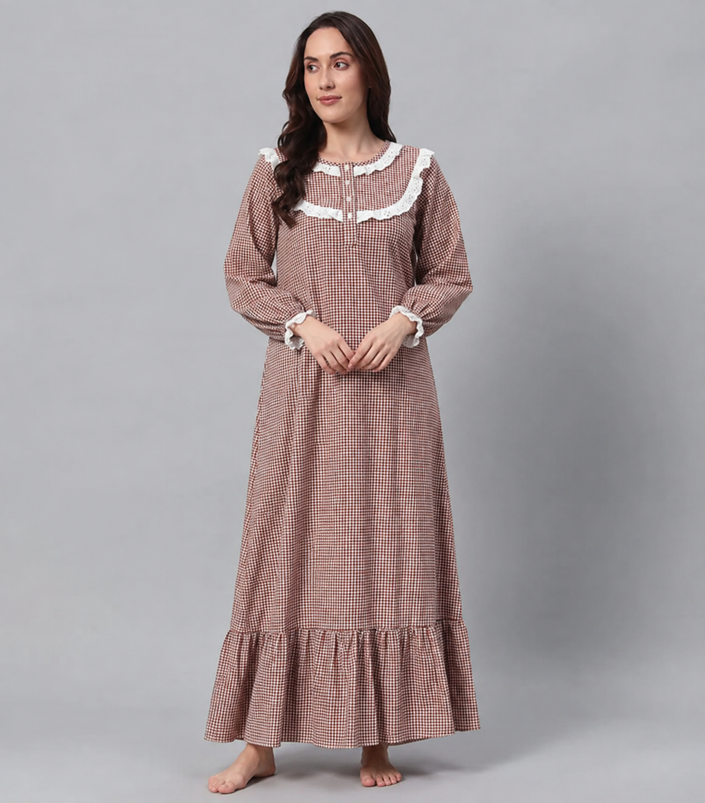 Nomad - Brown Checked Pure Cotton Maxi Nightdress